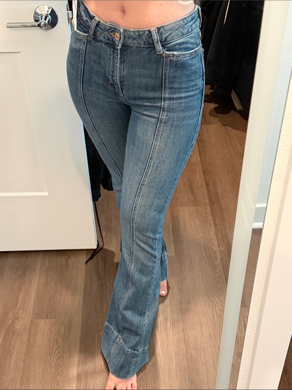 Zara Mid Blue High-Rise Flare Jeans with Center Front Seams